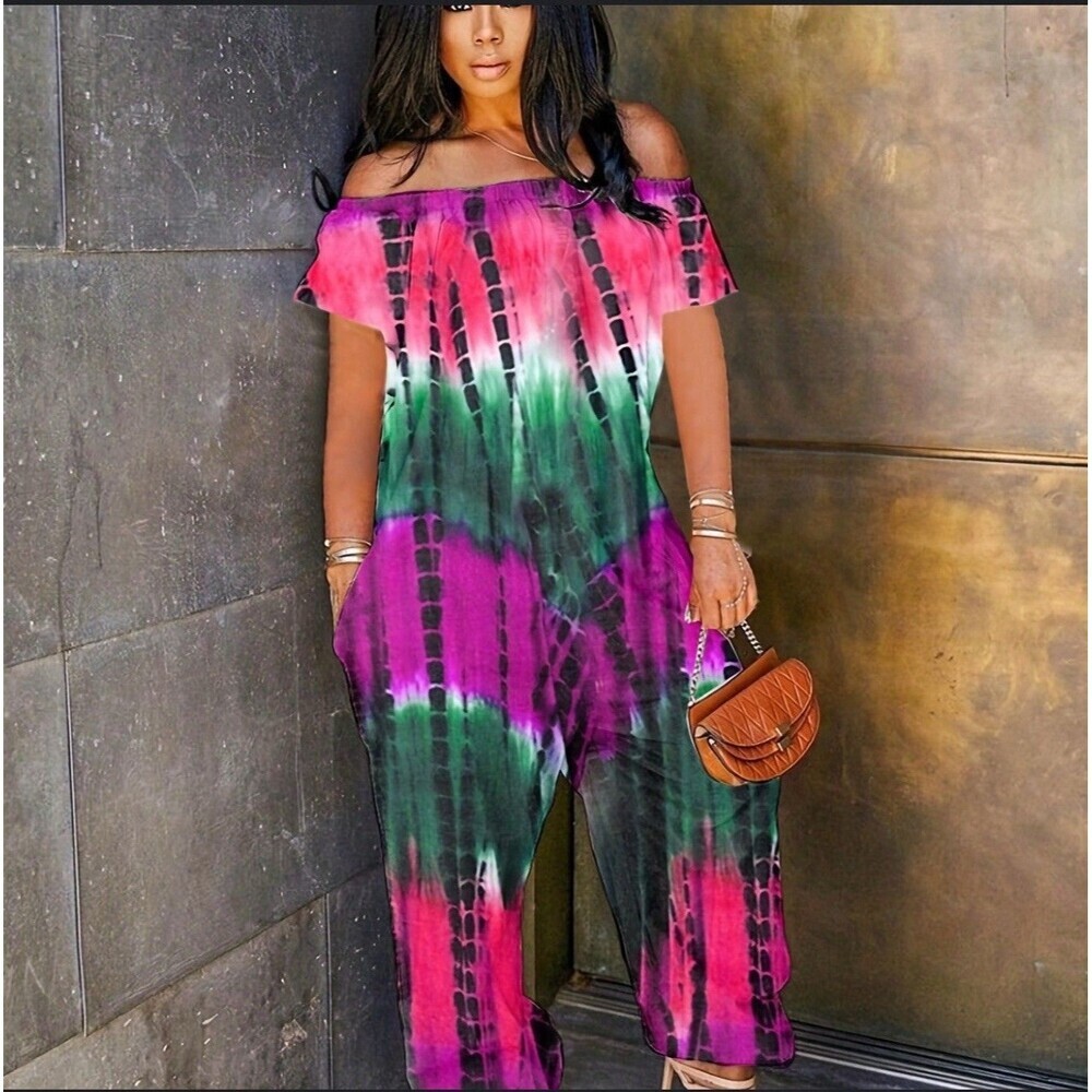 Tie Dye Off the Shoulder Jumpsuit with Pockets, Casual Polyester Large